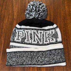 Victoria’s Secret PINK Nation Black White Knit Pom Beanie OS Warm Winter Hat